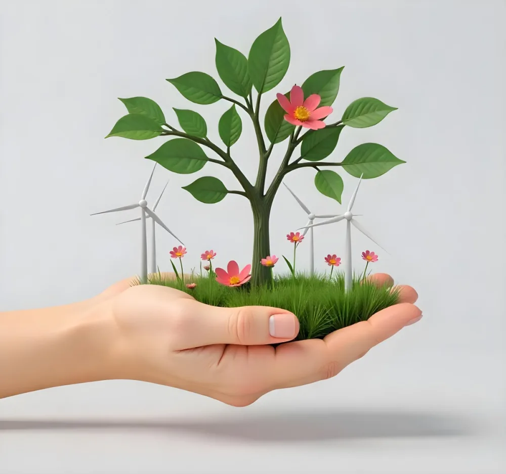 A Hand Holding A Tree With Flowers As Leaves Grass Flowers And Wind Turbines In The Background Concept Of Green Energy 68 E8cf