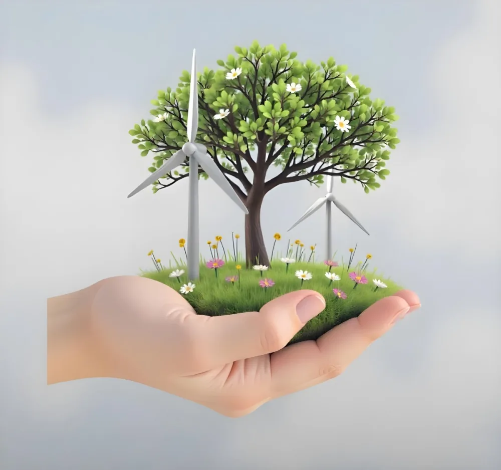 A Hand Holding A Tree With Flowers As Leaves Grass Flowers And Wind Turbines In The Background Concept Of Green Energy 7 438d