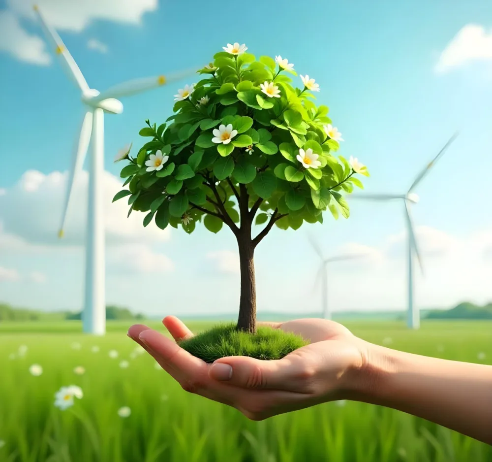 A Hand Holding A Tree With Flowers As Leaves Grass Flowers And Wind Turbines In The Background Concept Of Green Energy 70 Dca3