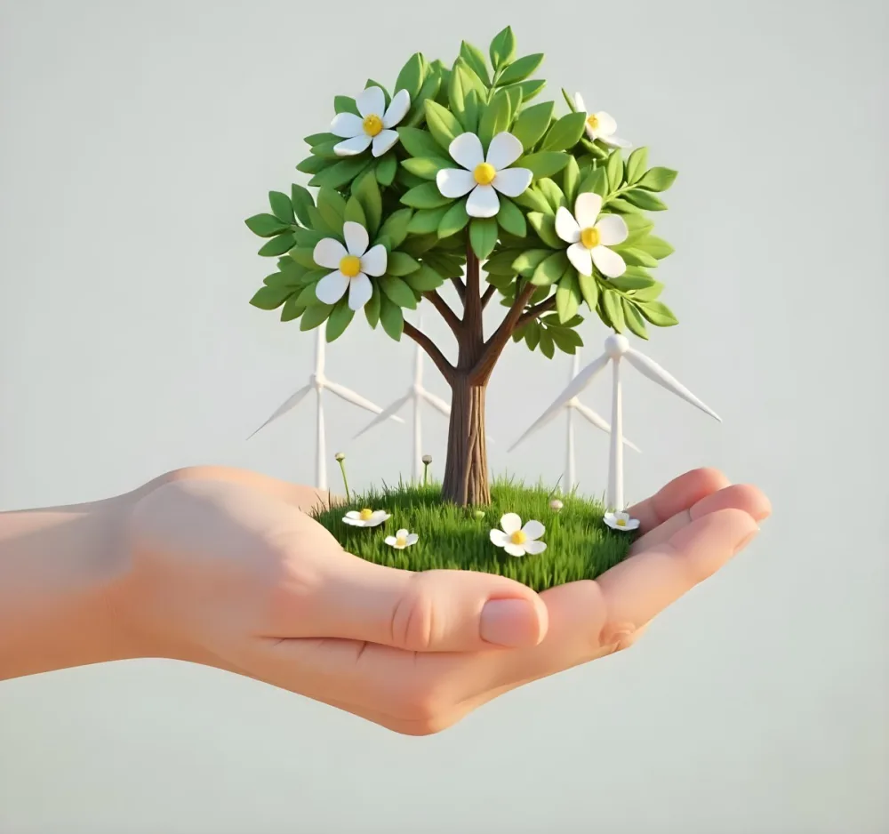 A Hand Holding A Tree With Flowers As Leaves Grass Flowers And Wind Turbines In The Background Concept Of Green Energy 71 6721