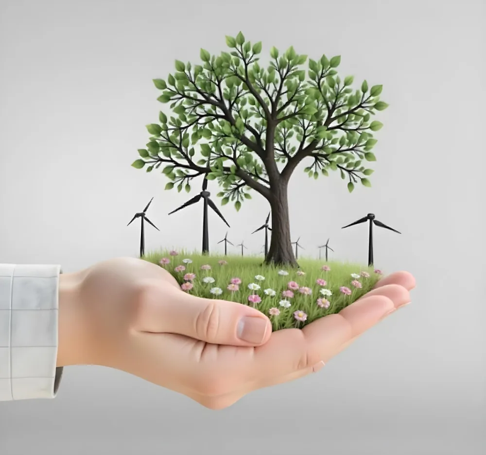 A Hand Holding A Tree With Flowers As Leaves Grass Flowers And Wind Turbines In The Background Concept Of Green Energy 8 711e