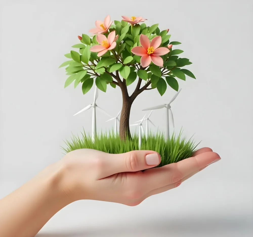 A Hand Holding A Tree With Flowers As Leaves Grass Flowers And Wind Turbines In The Background Concept Of Green Energy 9 4d9c