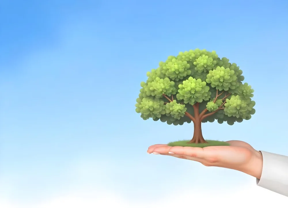A Hand Holding A Tree With Green Leaves Blue Sky Background The Tree Is Small And Has A Round Shape The Hand Is Light Skin 14 E6cd
