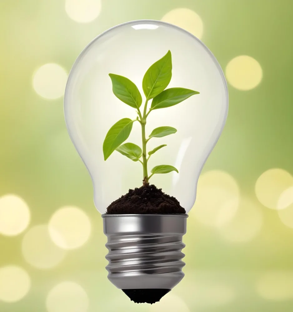 A Light Bulb With A Plant Growing Inside The Base Of The Bulb Is Filled With Soil Bokeh Background With Green And Yellow Tones 12 D5e7