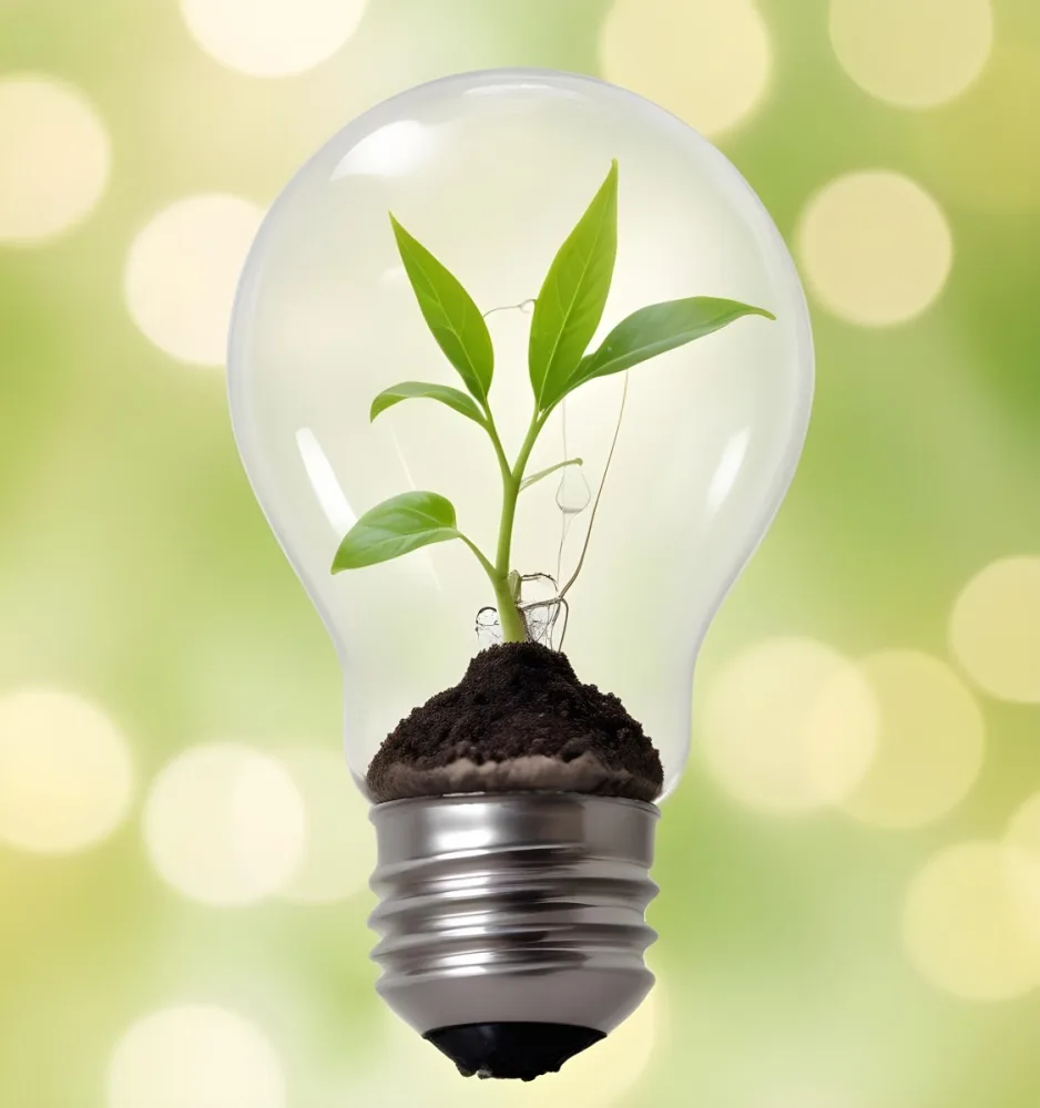A Light Bulb With A Plant Growing Inside The Base Of The Bulb Is Filled With Soil Bokeh Background With Green And Yellow Tones 22 8f6a