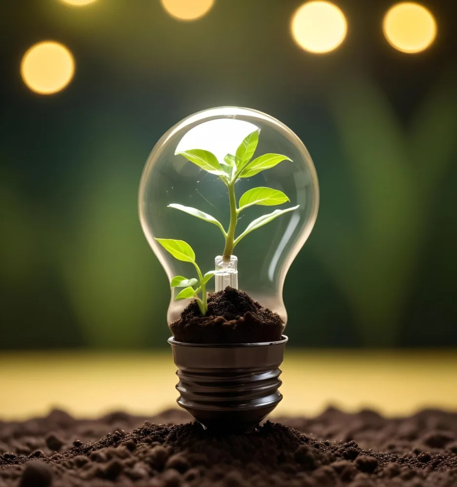 A Light Bulb With A Plant Growing Inside The Base Of The Bulb Is Filled With Soil Bokeh Background With Green And Yellow Tones 25 85a3