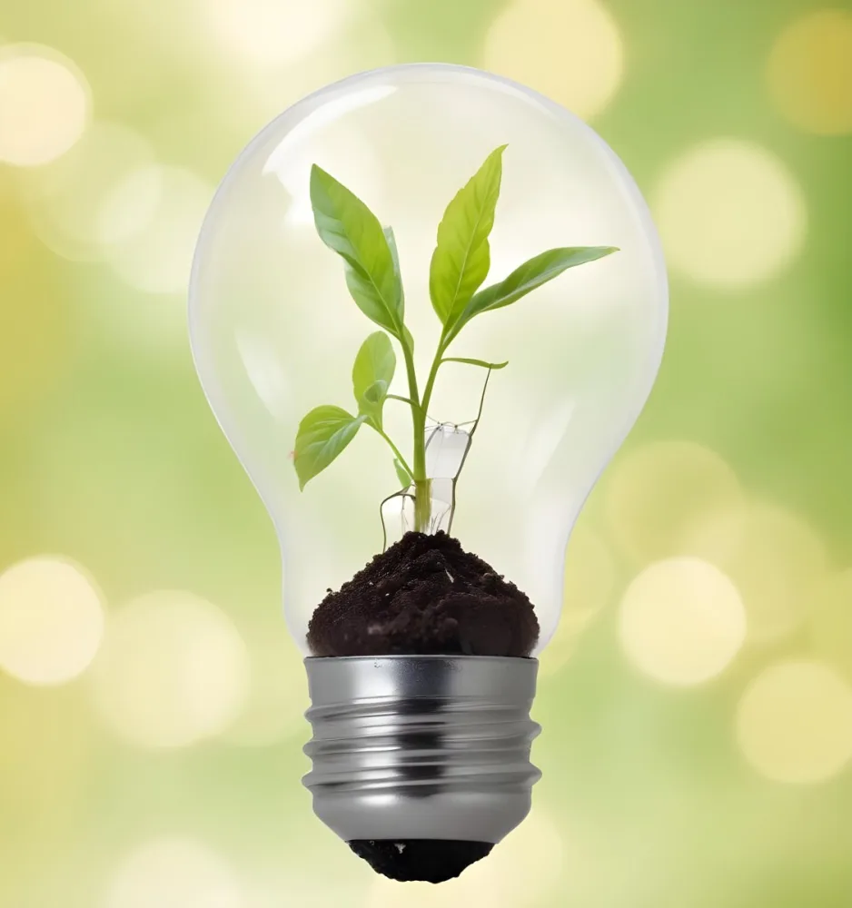 A Light Bulb With A Plant Growing Inside The Base Of The Bulb Is Filled With Soil Bokeh Background With Green And Yellow Tones 26 9833