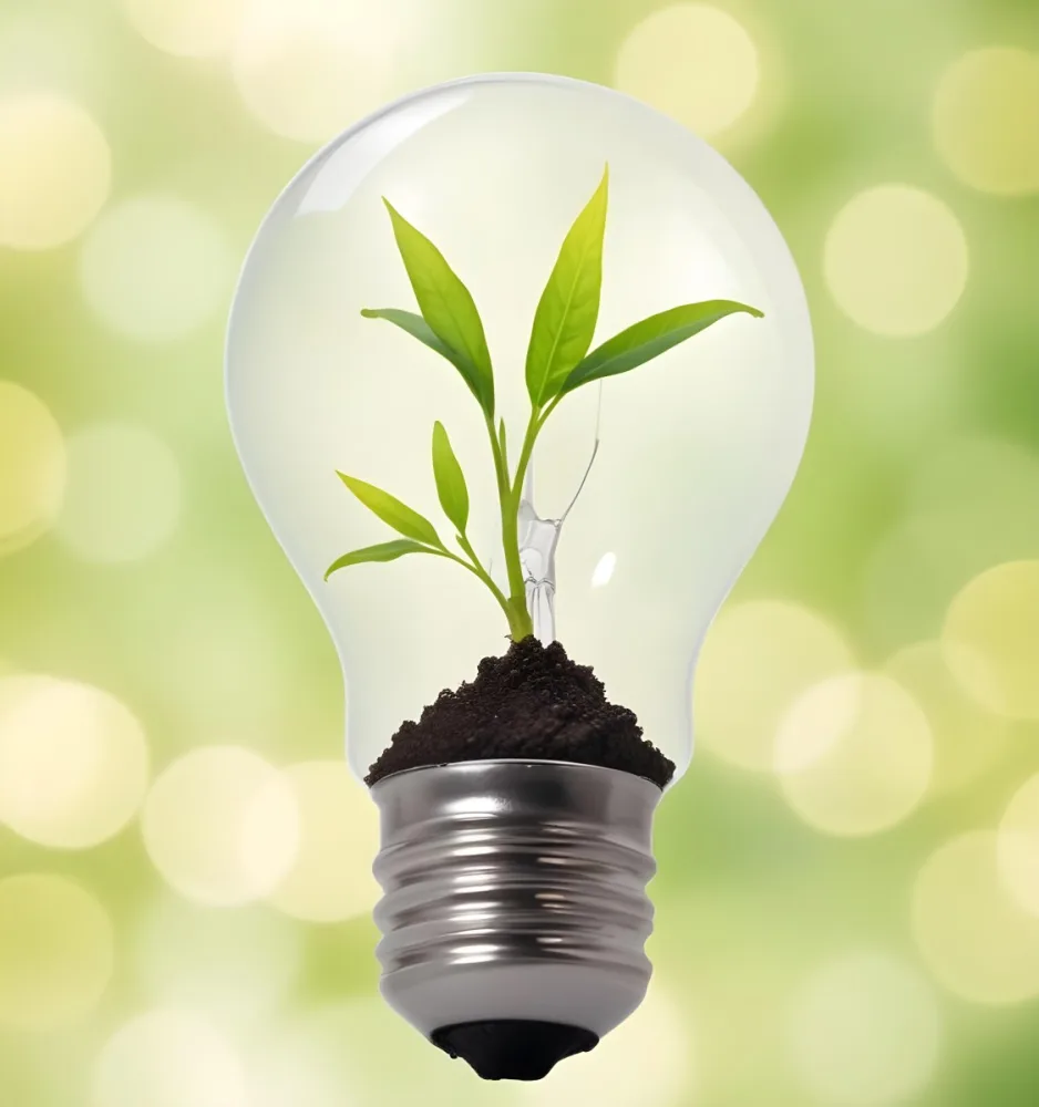 A Light Bulb With A Plant Growing Inside The Base Of The Bulb Is Filled With Soil Bokeh Background With Green And Yellow Tones 28 Be3b