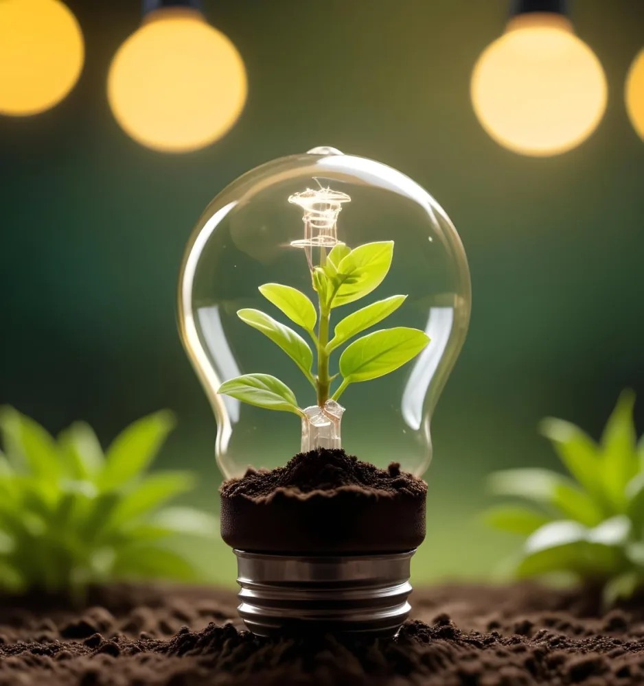 A Light Bulb With A Plant Growing Inside The Base Of The Bulb Is Filled With Soil Bokeh Background With Green And Yellow Tones 29 665a