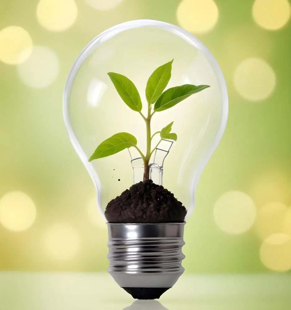 A Light Bulb With A Plant Growing Inside The Base Of The Bulb Is Filled With Soil Bokeh Background With Green And Yellow Tones 31 B28a