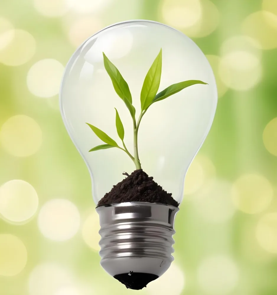 A Light Bulb With A Plant Growing Inside The Base Of The Bulb Is Filled With Soil Bokeh Background With Green And Yellow Tones 33 E488