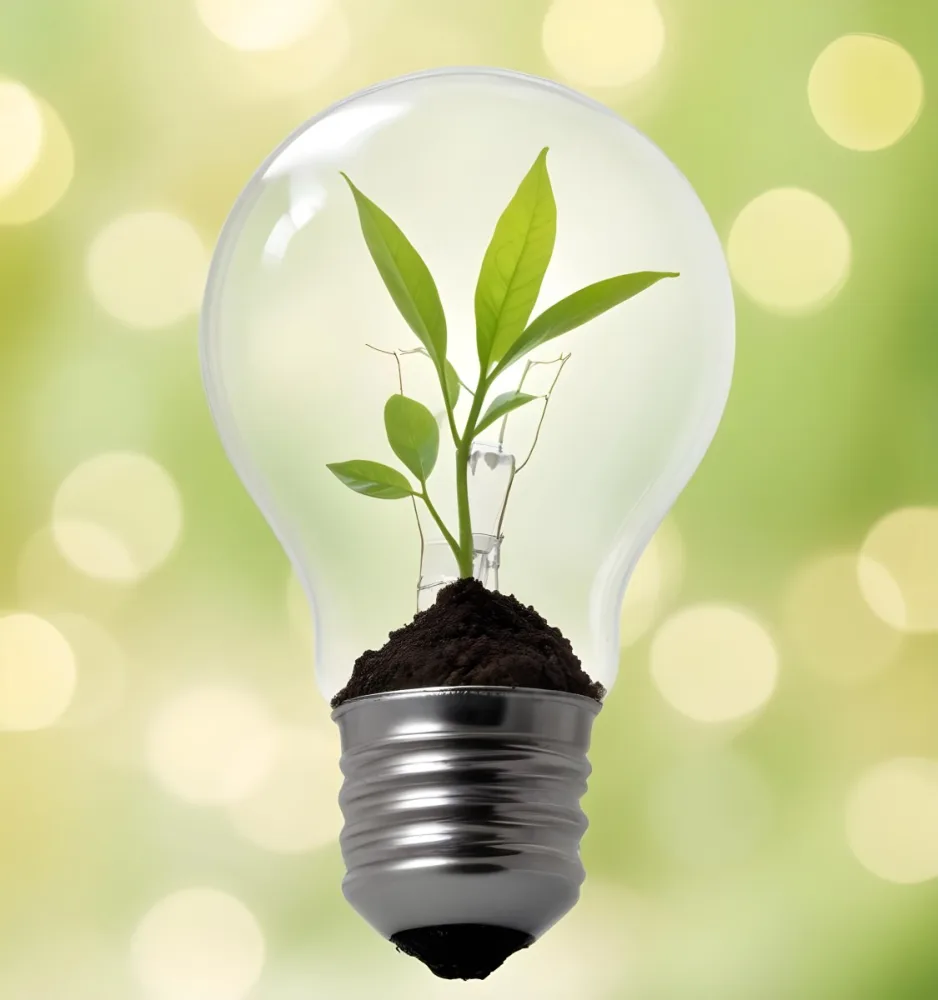 A Light Bulb With A Plant Growing Inside The Base Of The Bulb Is Filled With Soil Bokeh Background With Green And Yellow Tones 4 Bef0