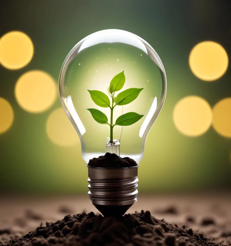 A Light Bulb With A Plant Growing Inside The Base Of The Bulb Is Filled With Soil Bokeh Background With Green And Yellow Tones 5 7f01