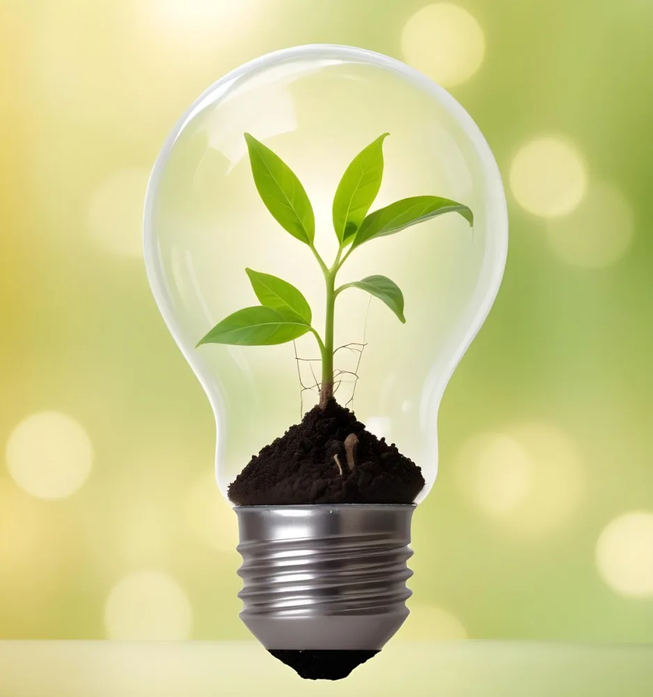 A Light Bulb With A Plant Growing Inside The Base Of The Bulb Is Filled With Soil Bokeh Background With Green And Yellow Tones 6 10c7