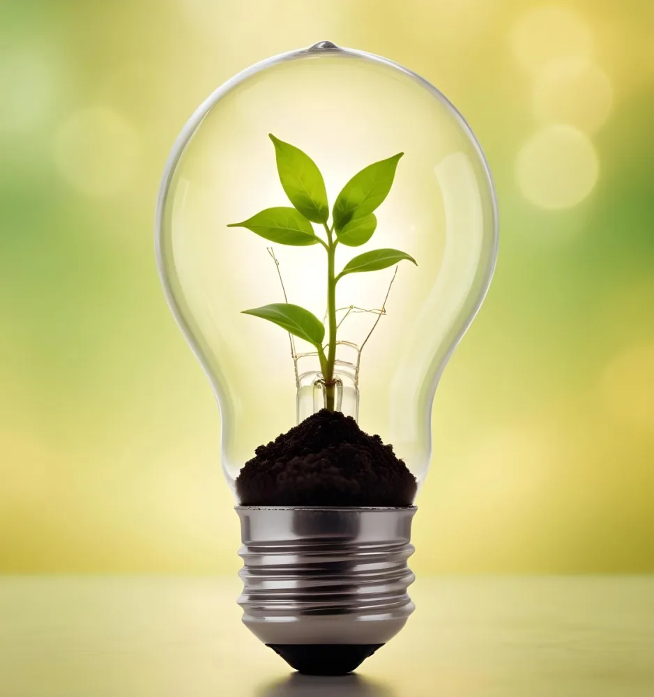 A Light Bulb With A Plant Growing Inside The Base Of The Bulb Is Filled With Soil Bokeh Background With Green And Yellow Tones 7 A3b6