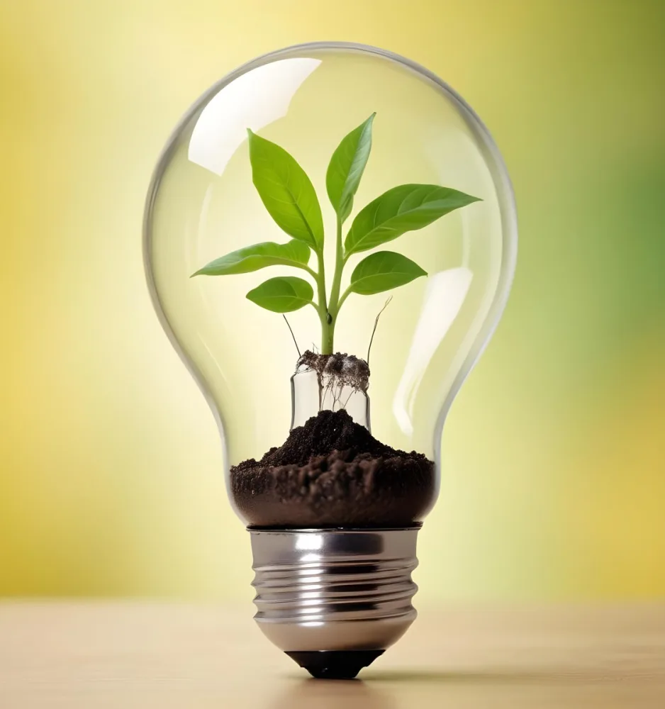 A Light Bulb With A Plant Growing Inside The Base Of The Bulb Is Filled With Soil Bokeh Background With Green And Yellow Tones 8 Cb2e