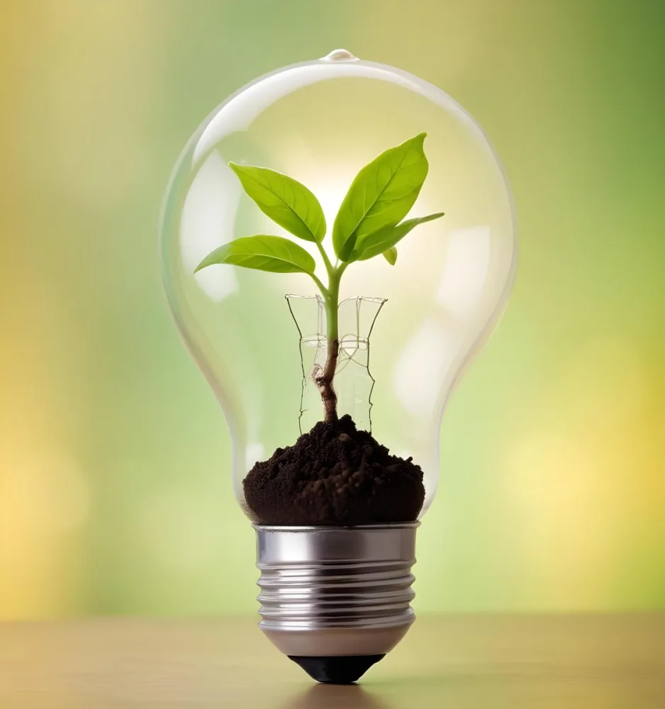 A Light Bulb With A Plant Growing Inside The Base Of The Bulb Is Filled With Soil Bokeh Background With Green And Yellow Tones 9 3b94