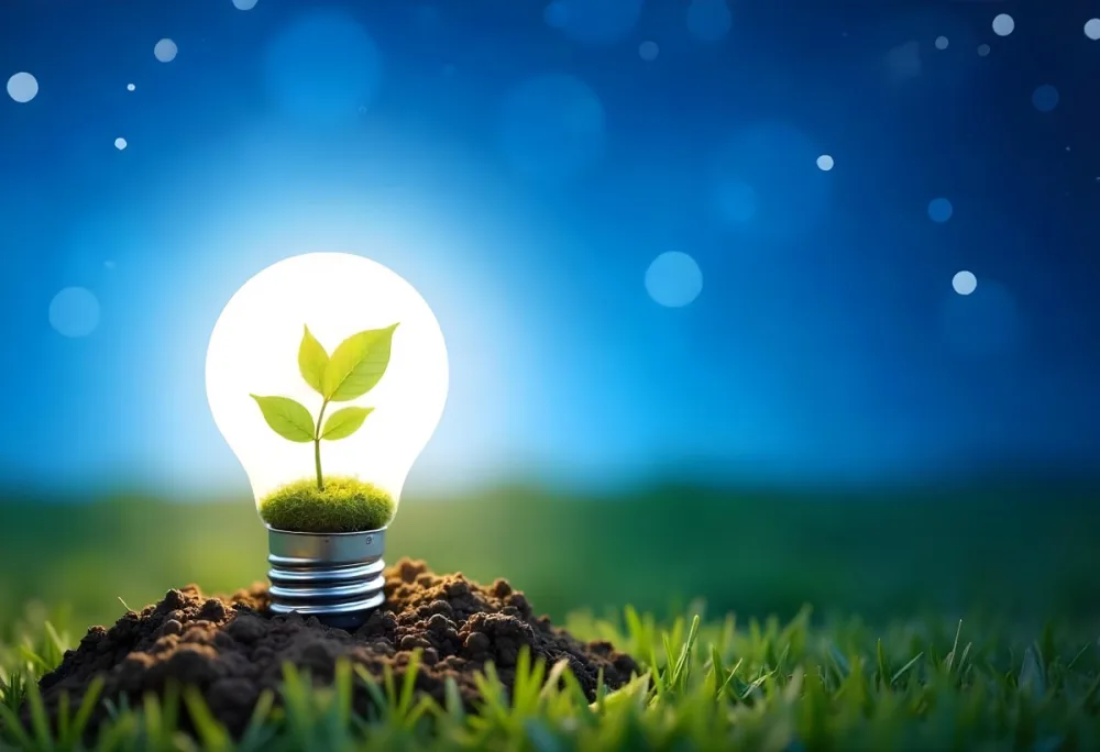 A Light Bulb With A Plant Inside On A Mound Of Dirt And Moss With A Blue And Starry Sky Background And Green Grass 32 36d6
