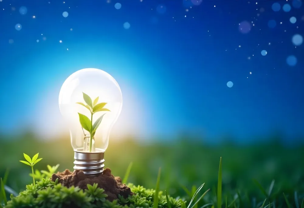 A Light Bulb With A Plant Inside On A Mound Of Dirt And Moss With A Blue And Starry Sky Background And Green Grass 47 4aab