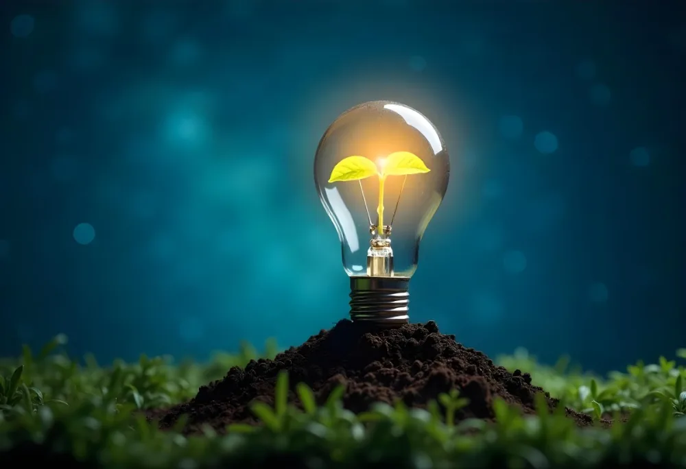 A Light Bulb With A Plant Inside On A Mound Of Dirt And Moss With A Blue And Starry Sky Background And Green Grass 54 B65b