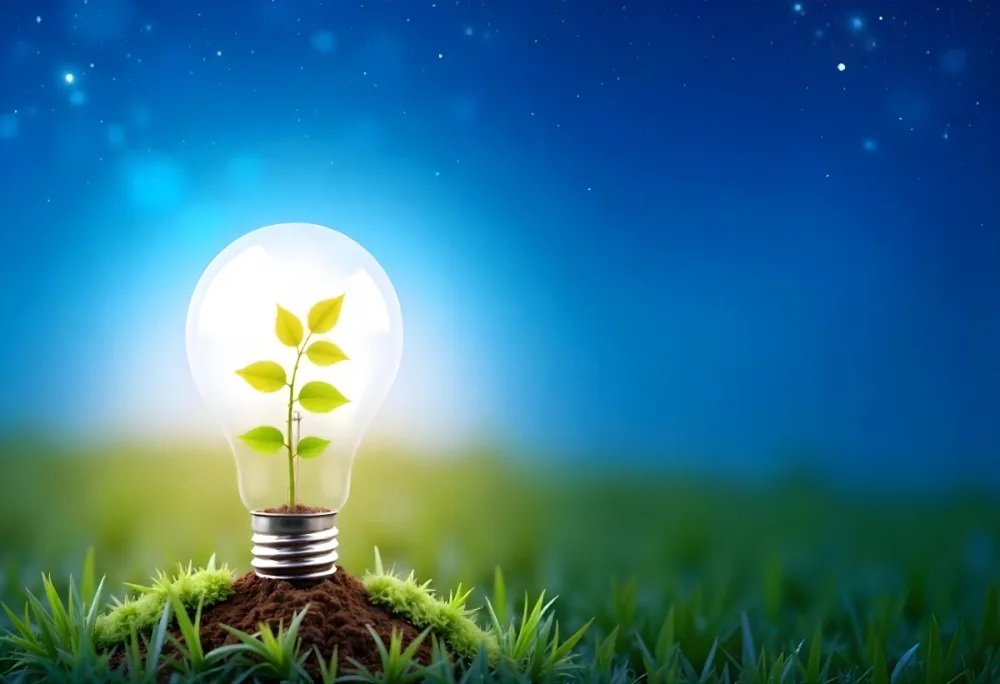 A Light Bulb With A Plant Inside On A Mound Of Dirt And Moss With A Blue And Starry Sky Background And Green Grass 58 5307