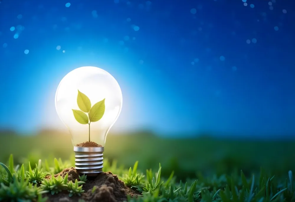 A Light Bulb With A Plant Inside On A Mound Of Dirt And Moss With A Blue And Starry Sky Background And Green Grass 61 A834