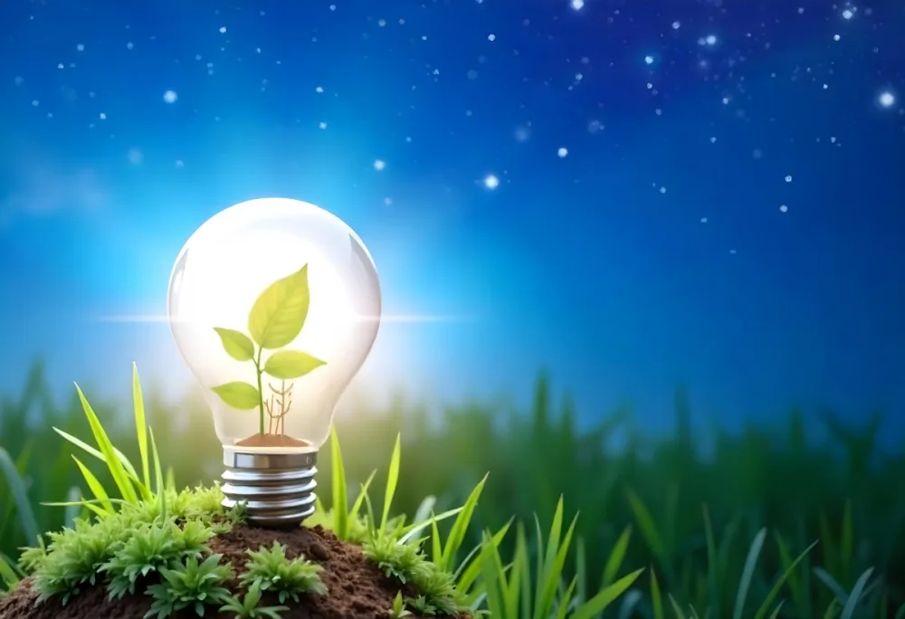 A Light Bulb With A Plant Inside On A Mound Of Dirt And Moss With A Blue And Starry Sky Background And Green Grass 62 49ab