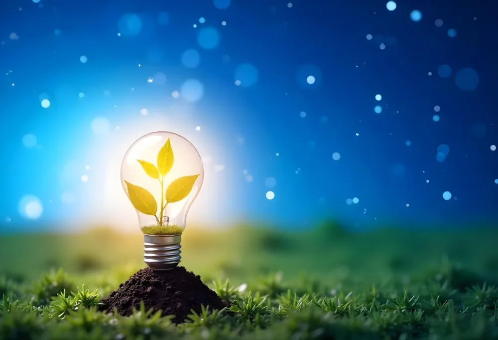 A Light Bulb With A Plant Inside On A Mound Of Dirt And Moss With A Blue And Starry Sky Background And Green Grass 77 5551