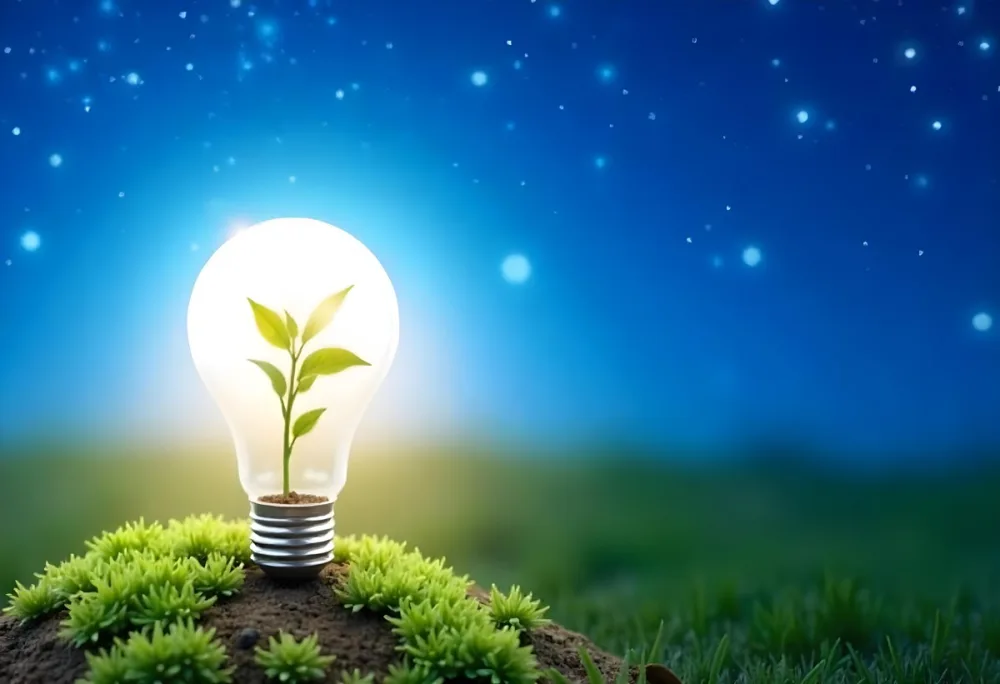 A Light Bulb With A Plant Inside On A Mound Of Dirt And Moss With A Blue And Starry Sky Background And Green Grass 81 03e7