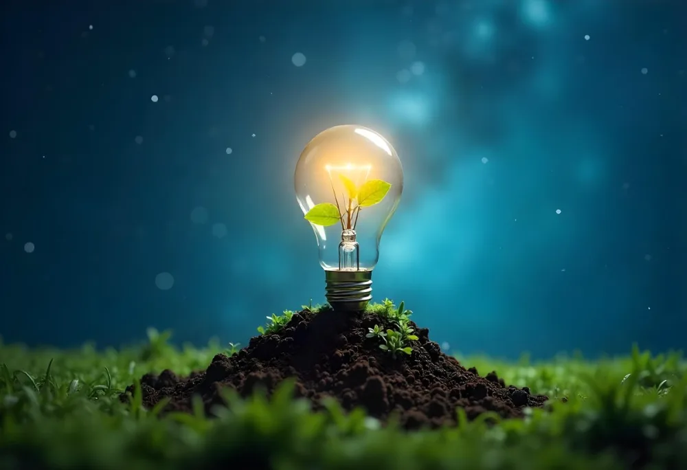 A Light Bulb With A Plant Inside On A Mound Of Dirt And Moss With A Blue And Starry Sky Background And Green Grass 88 7c36