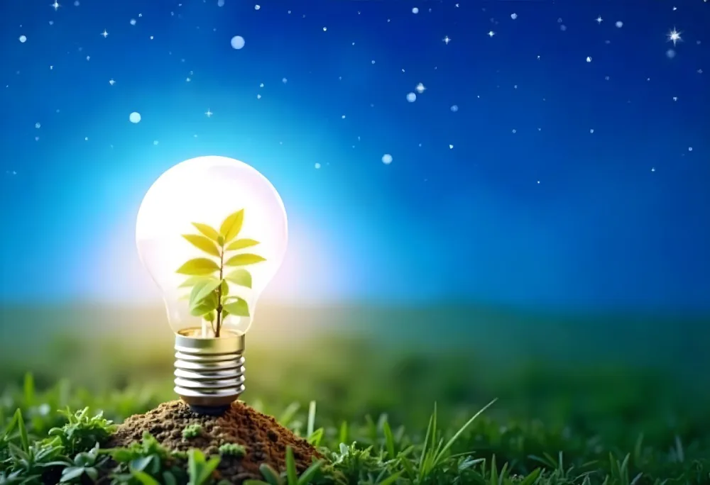 A Light Bulb With A Plant Inside On A Mound Of Dirt And Moss With A Blue And Starry Sky Background And Green Grass 89 Cae8