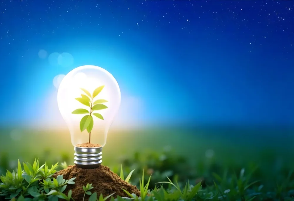 A Light Bulb With A Plant Inside On A Mound Of Dirt And Moss With A Blue And Starry Sky Background And Green Grass 9 9c64