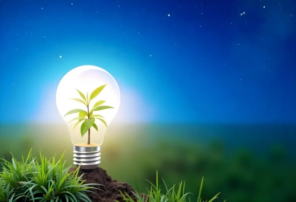 A Light Bulb With A Plant Inside On A Mound Of Dirt And Moss With A Blue And Starry Sky Background And Green Grass 90 F256