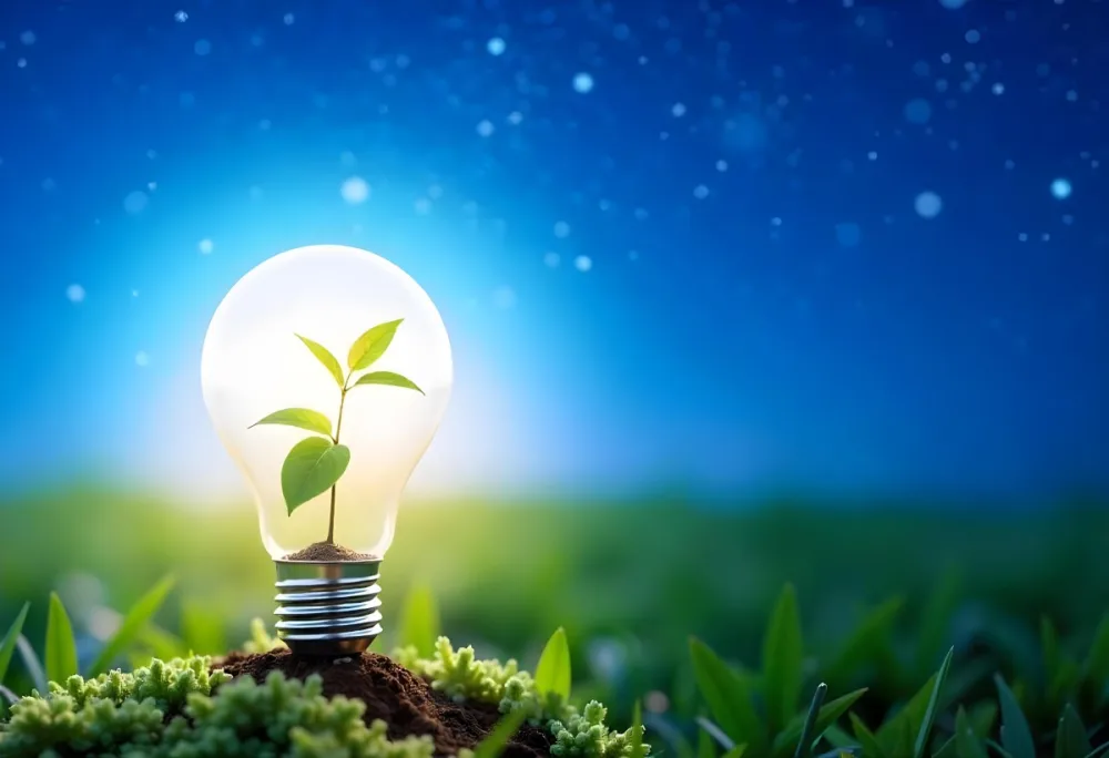A Light Bulb With A Plant Inside On A Mound Of Dirt And Moss With A Blue And Starry Sky Background And Green Grass 91 Ebed