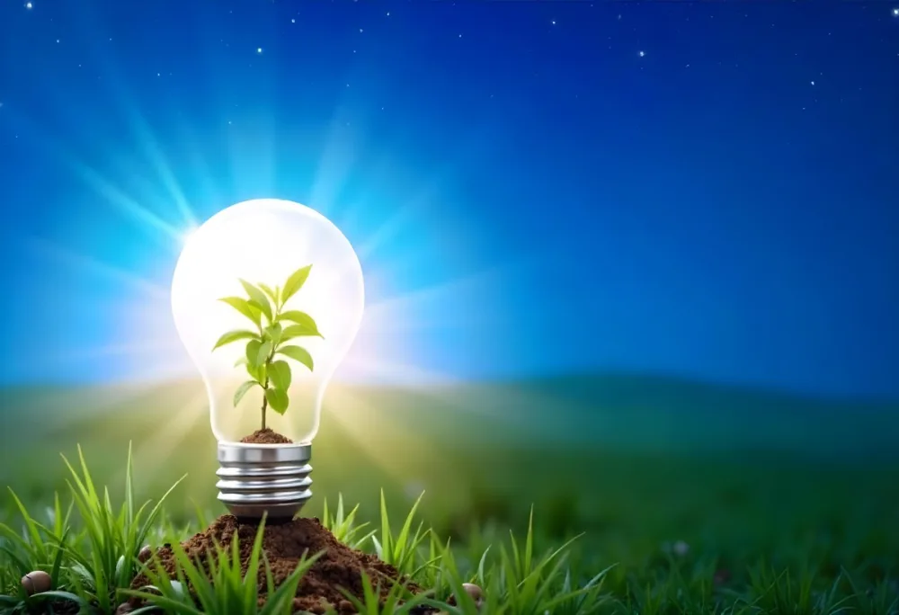 A Light Bulb With A Plant Inside On A Mound Of Dirt And Moss With A Blue And Starry Sky Background And Green Grass 92 8fba