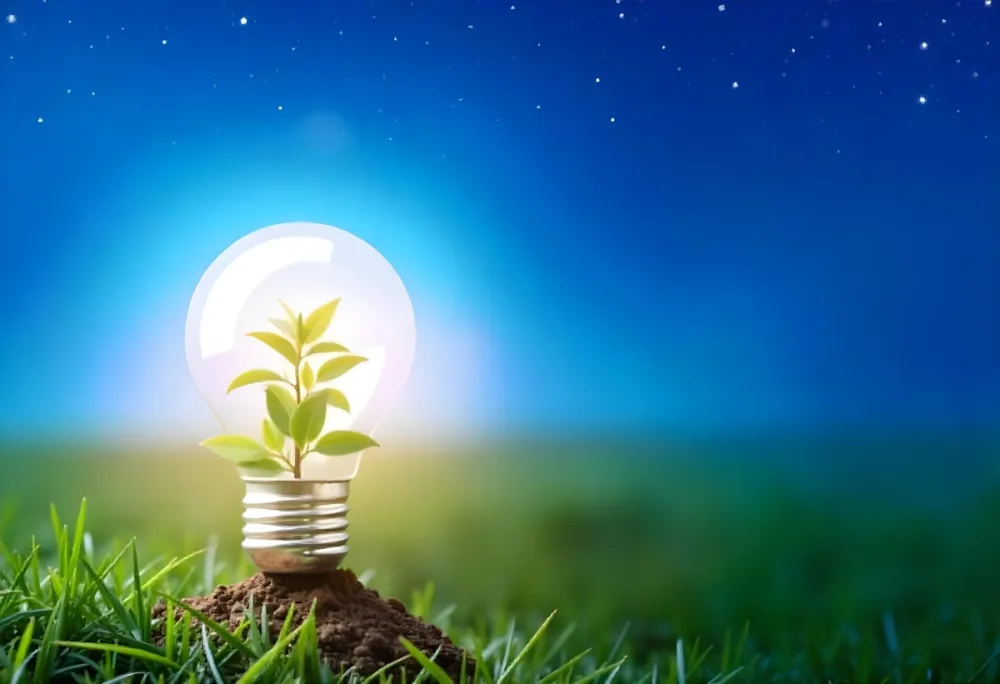 A Light Bulb With A Plant Inside On A Mound Of Dirt And Moss With A Blue And Starry Sky Background And Green Grass 93 3eb1