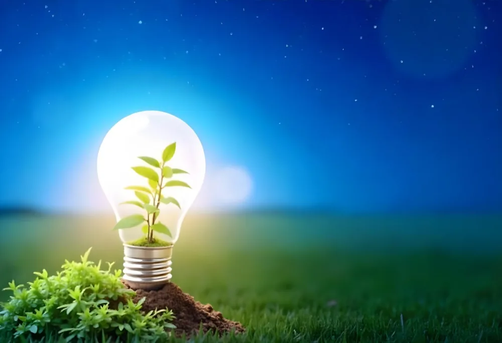 A Light Bulb With A Plant Inside On A Mound Of Dirt And Moss With A Blue And Starry Sky Background And Green Grass 94 3253