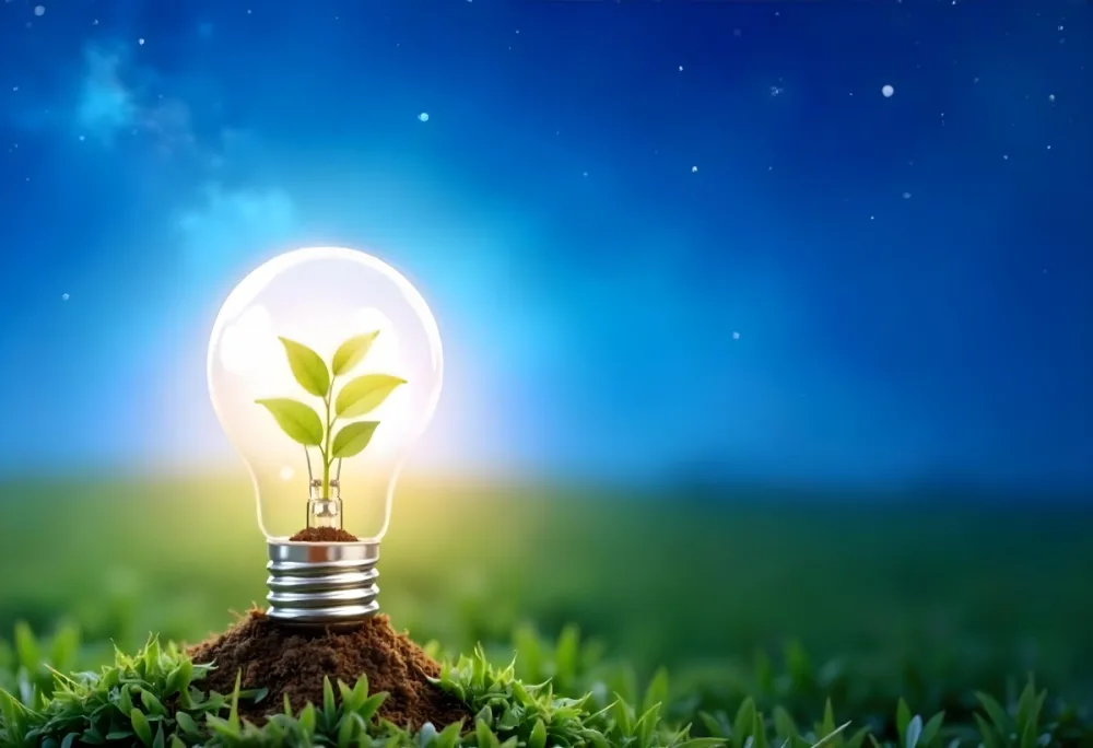 A Light Bulb With A Plant Inside On A Mound Of Dirt And Moss With A Blue And Starry Sky Background And Green Grass 95 1845