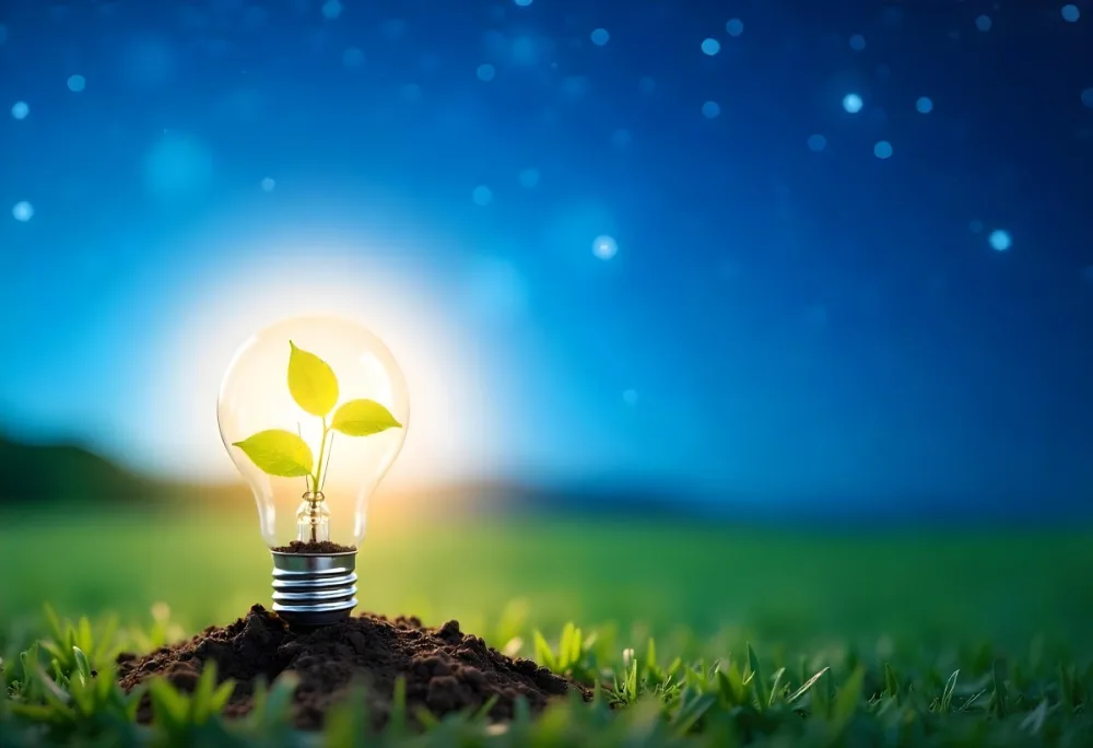 A Light Bulb With A Plant Inside On A Mound Of Dirt And Moss With A Blue And Starry Sky Background And Green Grass 96 1df6