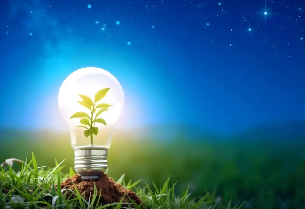 A Light Bulb With A Plant Inside On A Mound Of Dirt And Moss With A Blue And Starry Sky Background And Green Grass 97 14b1