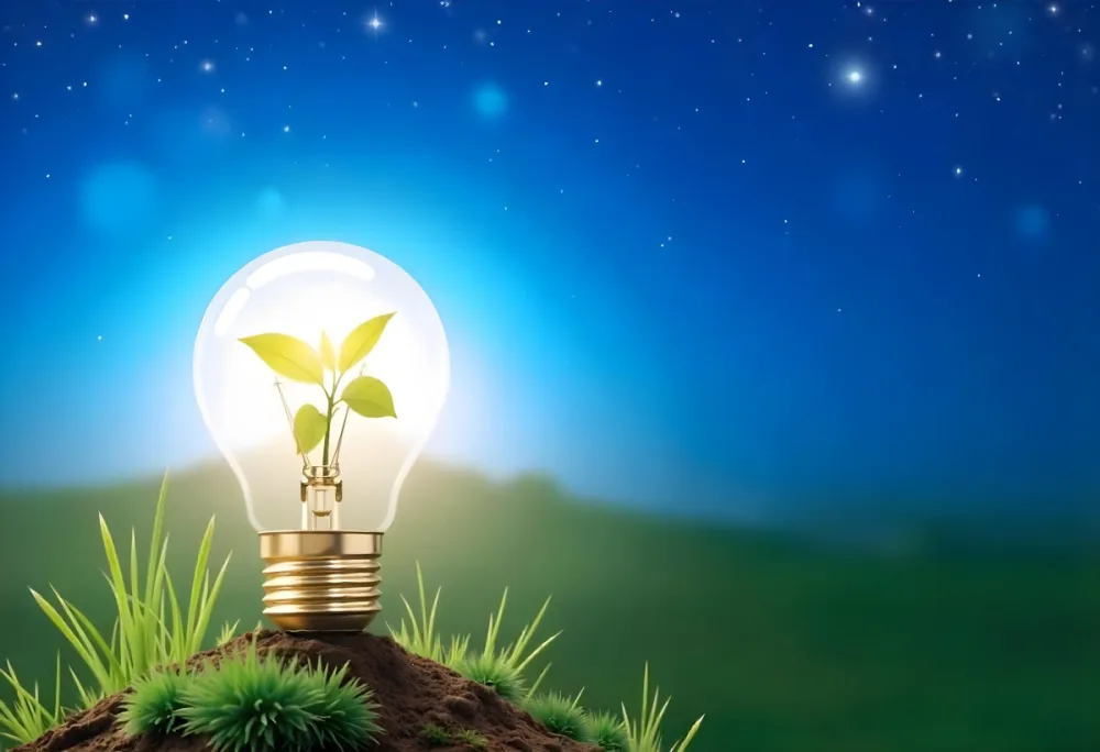 A Light Bulb With A Plant Inside On A Mound Of Dirt And Moss With A Blue And Starry Sky Background And Green Grass 98 C05d
