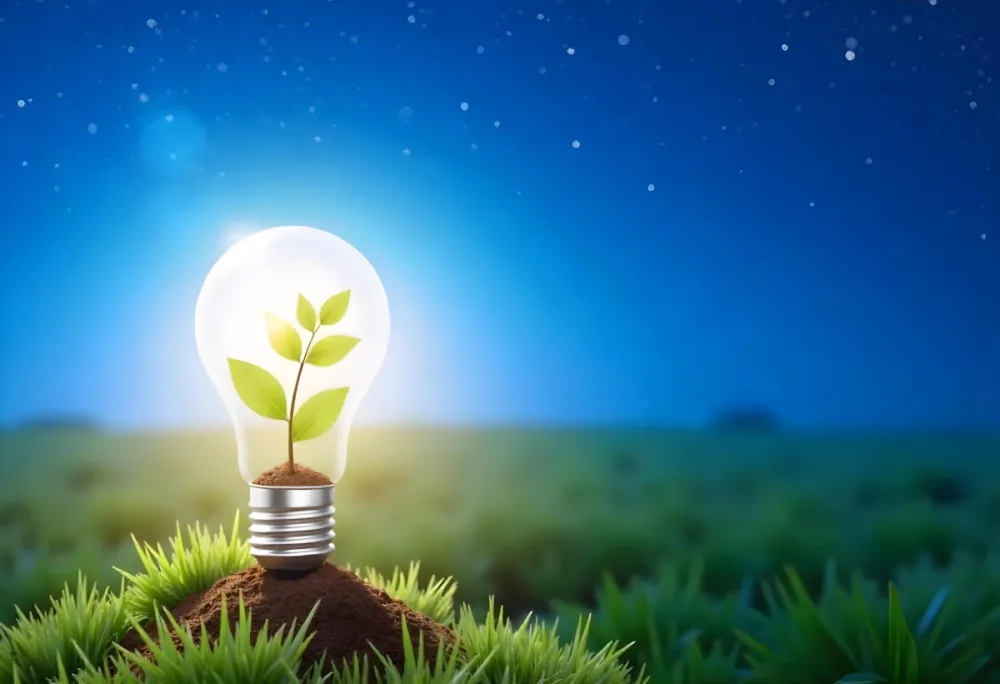 A Light Bulb With A Plant Inside On A Mound Of Dirt And Moss With A Blue And Starry Sky Background And Green Grass 99 204f