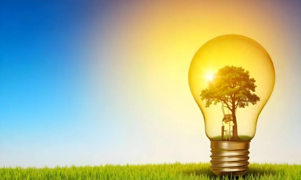 A Light Bulb With A Tree Inside On A Green Field With A Blue And Yellow Sky 108 7cbf