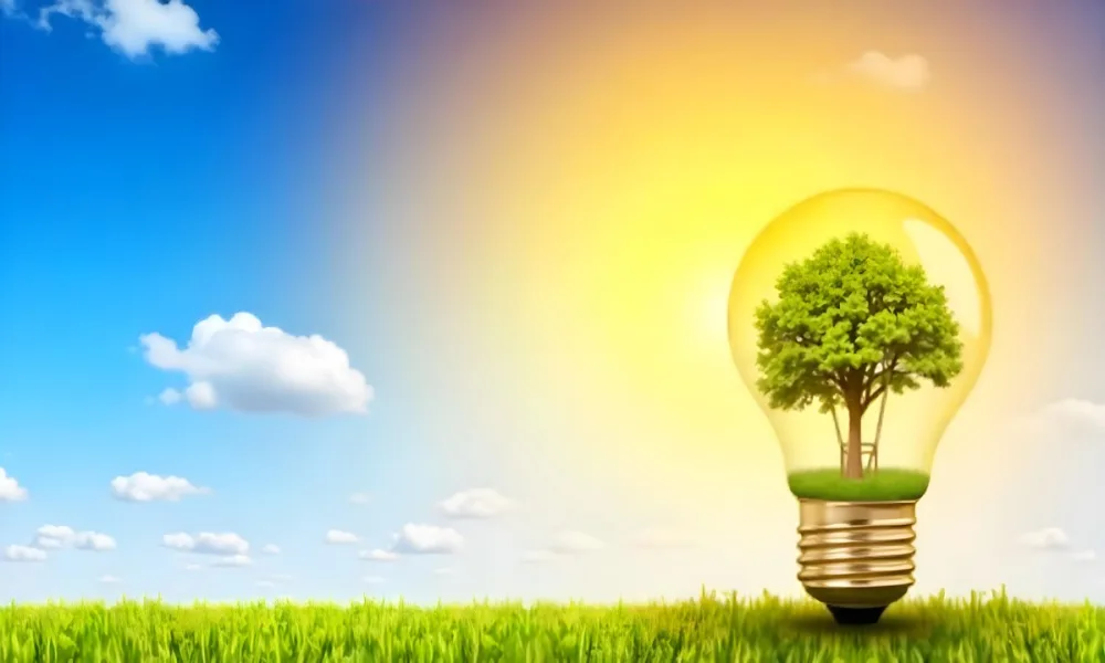 A Light Bulb With A Tree Inside On A Green Field With A Blue And Yellow Sky 111 82c1
