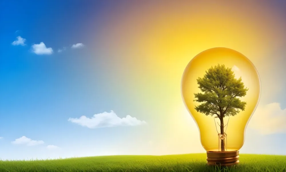 A Light Bulb With A Tree Inside On A Green Field With A Blue And Yellow Sky 13 6c75