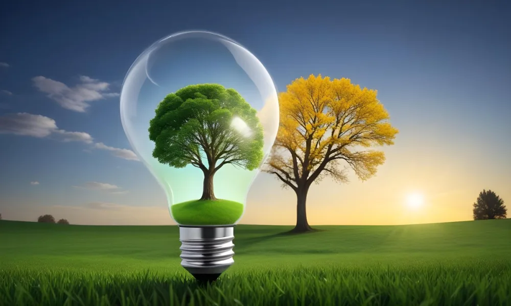 A Light Bulb With A Tree Inside On A Green Field With A Blue And Yellow Sky 35 Ed85