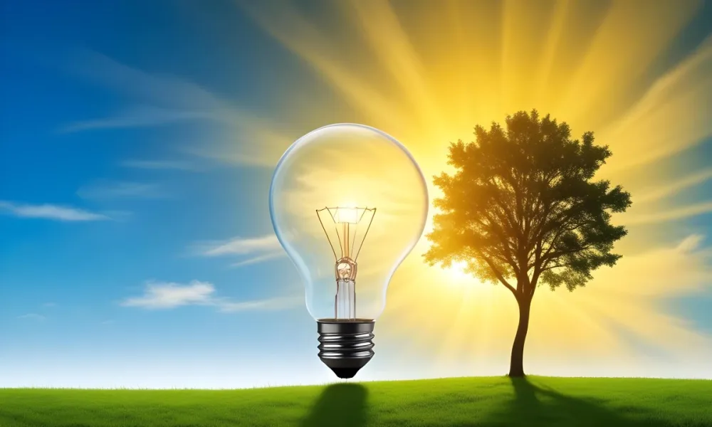 A Light Bulb With A Tree Inside On A Green Field With A Blue And Yellow Sky 38 1255