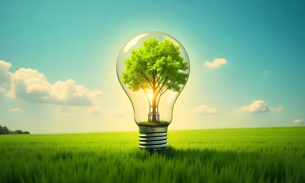 A Light Bulb With A Tree Inside On A Green Field With A Blue And Yellow Sky 58 C6bc