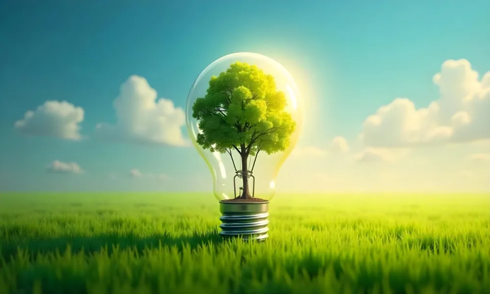 A Light Bulb With A Tree Inside On A Green Field With A Blue And Yellow Sky 61 8b07