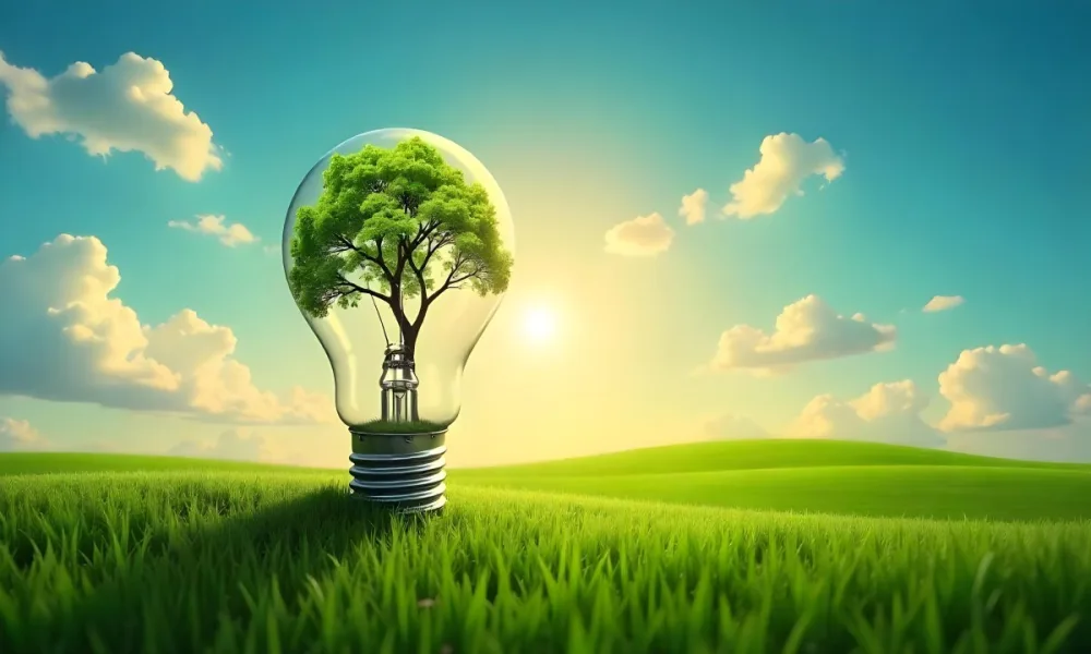 A Light Bulb With A Tree Inside On A Green Field With A Blue And Yellow Sky 67 Cee9